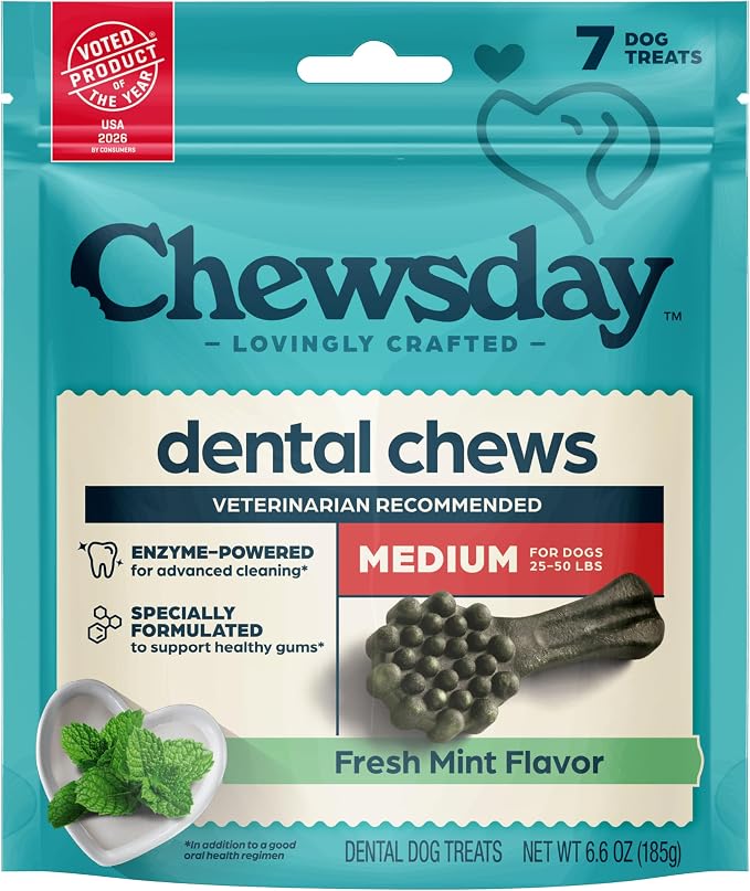 Chewsday Fresh Mint Flavor Dental Chews, Medium Dog Treats, Healthier Teeth and Fresher Breath, Enzyme Powered for Advanced Cleaning, Made in the USA, 7 Count
