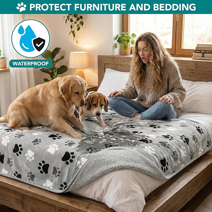 PetAmi Premium Waterproof Dog Blanket for Large Dogs, Reversible Sherpa & Flannel Fleece, Leakproof Pet Throw for Couch Protection, Soft Plush Furniture Protector for Cats, Washable, 60x80 Paw Grey