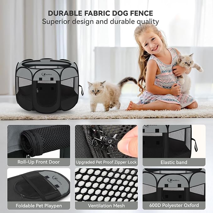 Siedihit Dark Grey Dog Cat Playpen, Puppy Pet Playpen, Small Dogs Tent Crates Cage Indoor/Outdoor, Portable Pop Up Dog Kennel Playpen with Carrying Case for Dogs/Cats/Rabbits