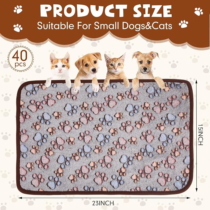 Chumia 40 Pcs Dog Blankets Soft Fluffy Fleece Washable Puppy Sleep Blankets Small Mat for Pets Throw Warm Bed Mat for Dog Puppy Cat (Black,Paw)