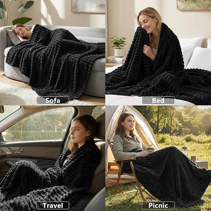 HIMEET Fleece Black Throw XL Blanket for Couch - 300GSM Ribbed Soft Cozy Outdoor Blankets for Travel Camping Nap, Birthday Gifts for Women Men Her, Long Sofa Room Decor Office Throws, 50x70 Inches