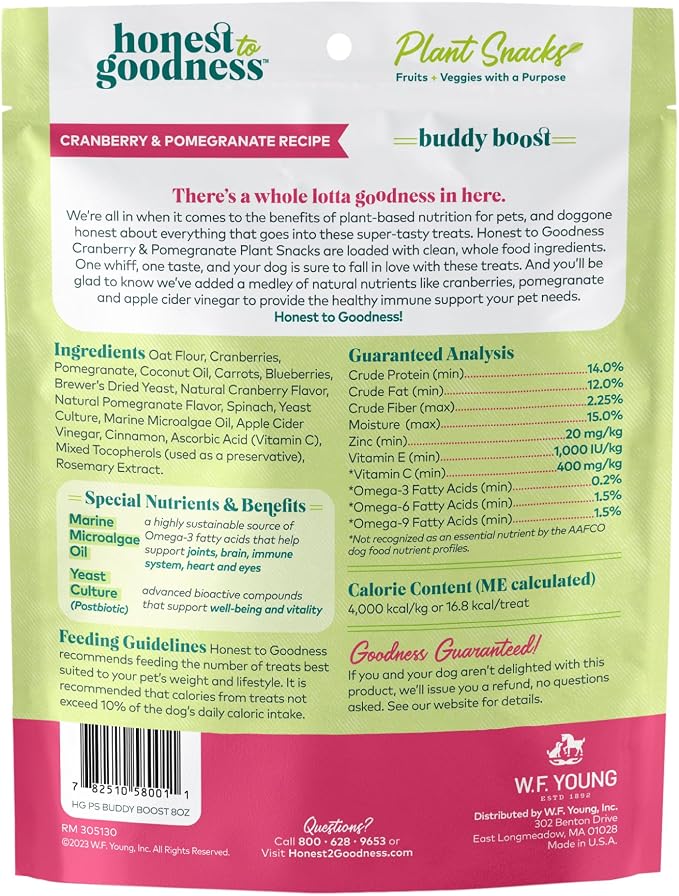 Honest to Goodness Plant Snacks Buddy Boost Cranberry & Pomegranate Recipe Dog Treats, Enriched with Omega 3s & Postbiotics, 8oz