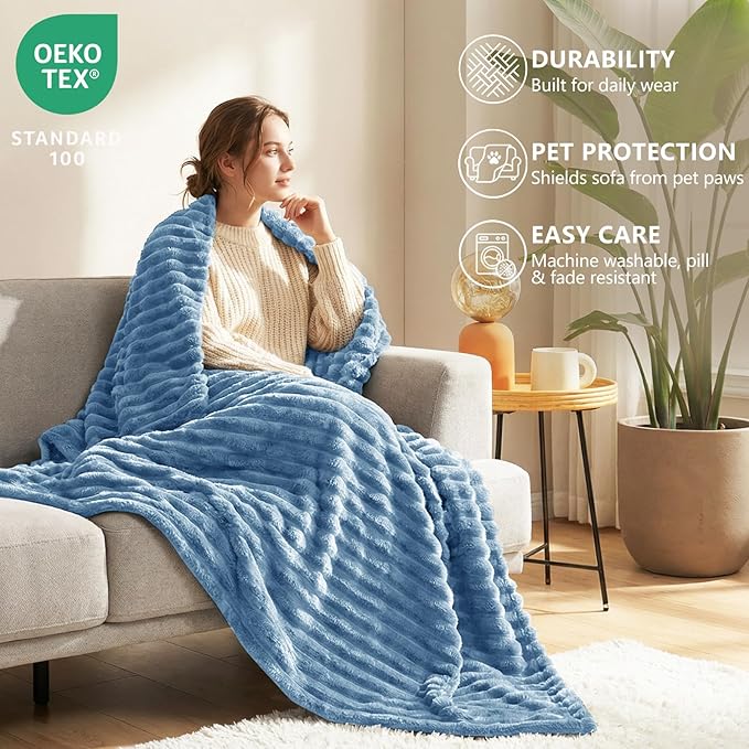 HIMEET Fleece Grayish Blue Throw XL Blanket for Couch - 300GSM Ribbed Cozy Outdoor Blankets for Travel Camping Nap, Birthday Gifts for Women Men Him, Long Sofa Room Decor Office Throws, 50x70 Inches
