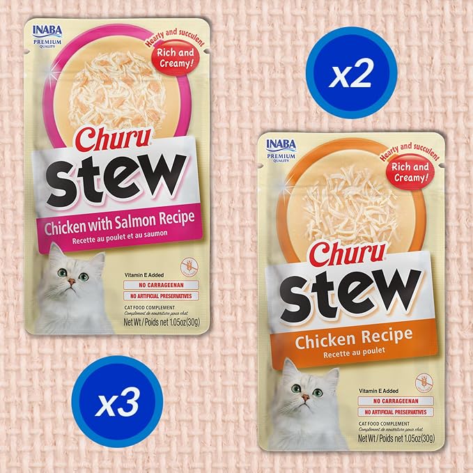 INABA Churu Stew for Cats, Creamy Purée Side Dish Pouch, 1.05 oz Pouches, 15 Pouches Total, Chicken Variety