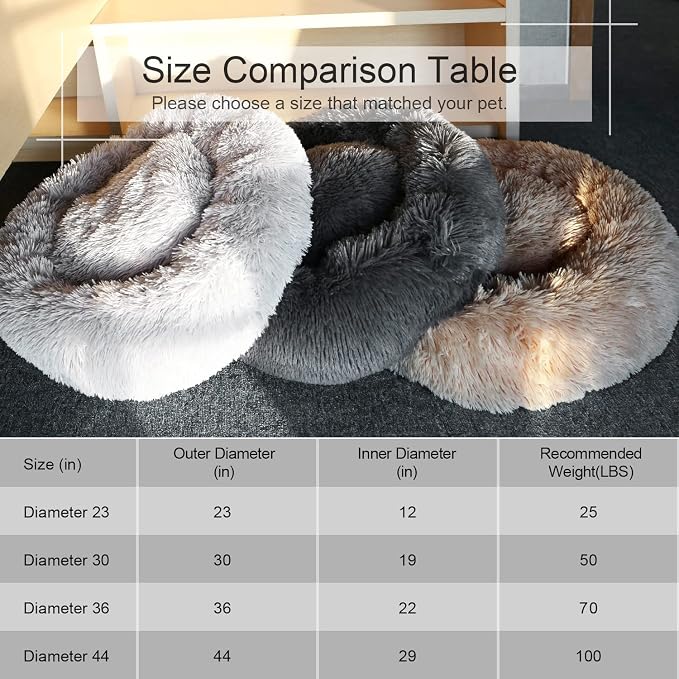 Dog Bed, Cat Calming Bed, Faux Fur Pillow Pet Donut Cuddler Round Plush Bed for Large Medium Small Dogs and Cats (Dark Grey, 23.0" L x 23.0" W x 7.0" Th)