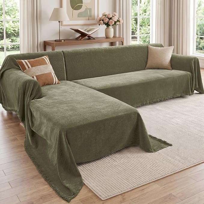 CAPALOCA Sectional Couch Covers, 2 Pieces Chenille Sofa Cover L Shaped Couch Cover Blanket for Dogs Washable Sofa Slipcovers Pet Furniture Protector (XX-Large: 71" x 118" + 71" x 118", Sage Green)