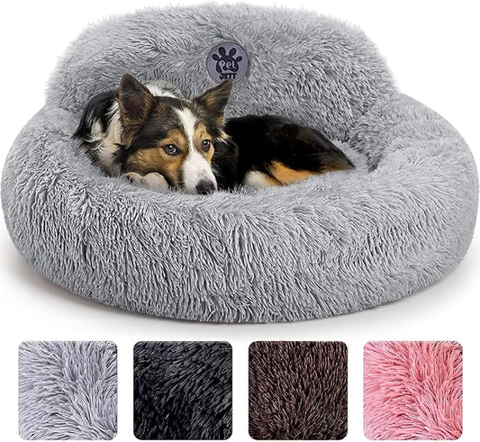 PetJett Calming Dog Bed Medium Size Dog - 30'' Donut Bed, Washable Dog Bed - Anti-Slip Super Soft Fluffy Plush Round Bed, Anti-Anxiety Premium Comfort Pet Bed, Fits Dogs up to 45 lbs - Bright Grey
