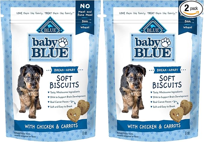 Blue Buffalo Baby Blue Soft Biscuits with DHA, Natural Dog Treats for Puppies, Great for Training, with Chicken & Carrots, 8-oz Bag (Pack of 2)