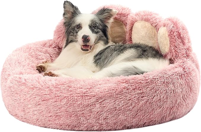Jiupety Paw Shape Calming Pet Bed, Medium Plush Faux Fur Donut Bed for Dogs & Cats, Machine Washable, Non-Slip Bottom, Extra Large Size (32"×32"×10"), Pink