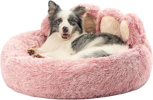 Jiupety Paw Shape Calming Pet Bed, Medium Plush Faux Fur Donut Bed for Dogs & Cats, Machine Washable, Non-Slip Bottom, Extra Large Size (32"×32"×10"), Pink