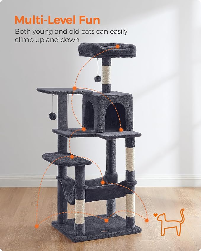 Feandrea Cat Tree, 54.2-Inch Cat Tower, Plush Multi-Level Condo with 4 Scratching Posts, 2 Perches, Hammock, Cave, Smoky Gray UPCT161G01