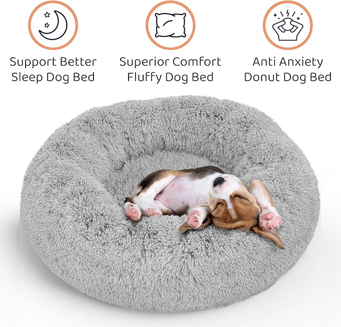 Donut Dog Bed - Premium Comfort for Anxiety Relief - Fluffy & Calming Design with Ultra-Plush Support | Cozy Round Dog Bed with Super Soft Circle Style (Grey, Large)