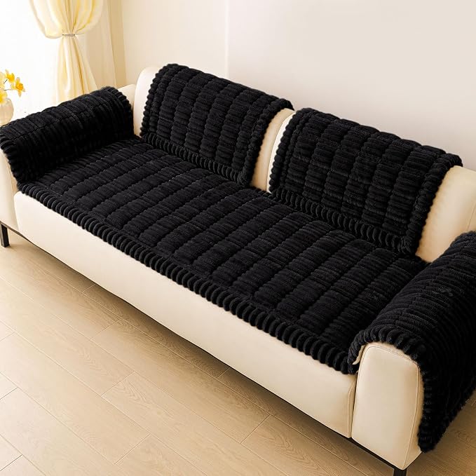 hyha Couch Cover for Dogs Washable, Non Slip Thick Flannel Sofa Protector, Pet Friendly Plush Furniture Cover for Sectional Sofa & Loveseat (Black, 27.6" x 70.9")