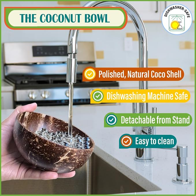 Raised Dog Bowl for Small Dogs - Elevated Natural Coconut Shell Bowl with Wood Stand - 20-oz Capacity