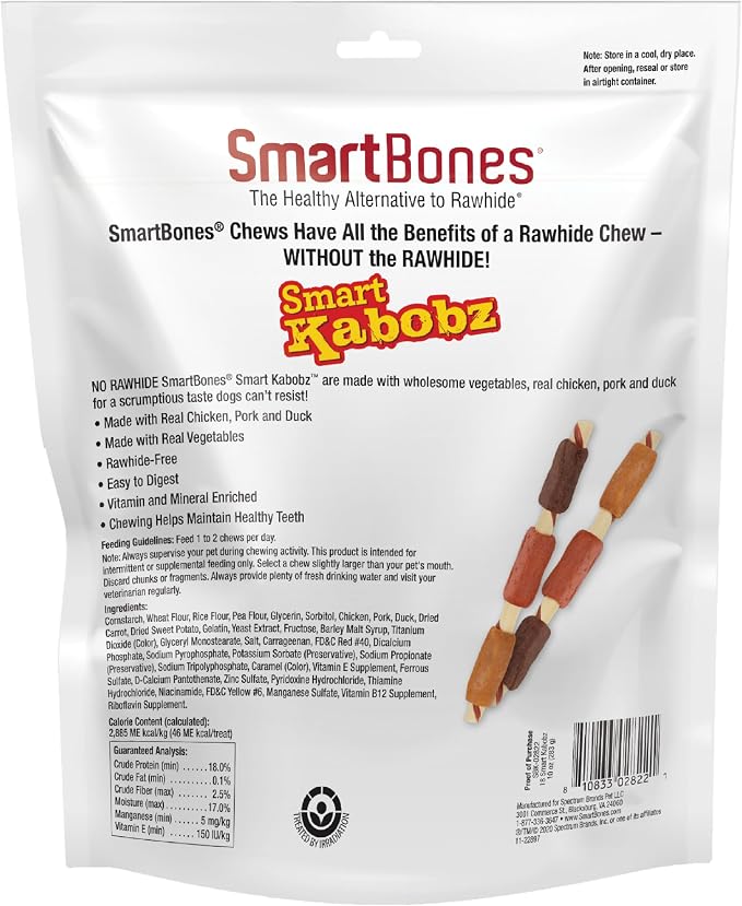 SmartBones Smart Kabobz With Real Chicken, Pork and Duck, Rawhide-Free Chews for Dogs, 18 Count