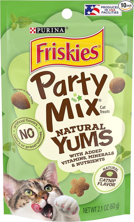 Purina Friskies Made in USA Facilities, Natural Cat Treats, Party Mix Natural Yums Catnip Flavor - (Pack of 10) 2.1 oz. Pouches