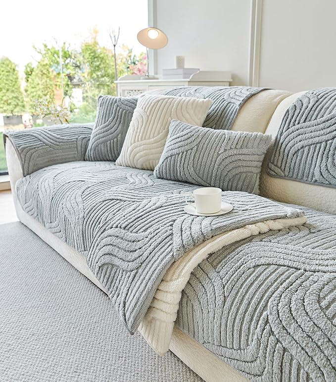 OTOB Couch Covers for 3 Cushion Couch Sofa Pet Friendly, Washable Plush Sofa Slipcovers Furniture Protector, Non Slip All Season Soft Fuzzy Pet Couch Cover, 1 Piece(Light Gray, 27.6"x82.7")