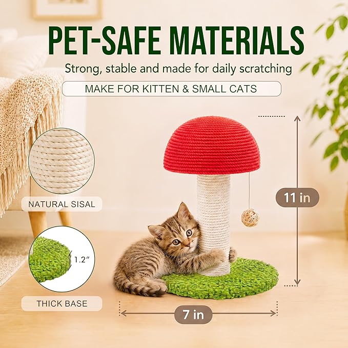 Mushroom Cat Scratching Post 11" for Kitten & Small Cats, Mini Cat Tree Stable Base, Natural Sisal Scratcher with Hanging Ball, Space Saving Indoor Cat Toy for Small Spaces and Apartments