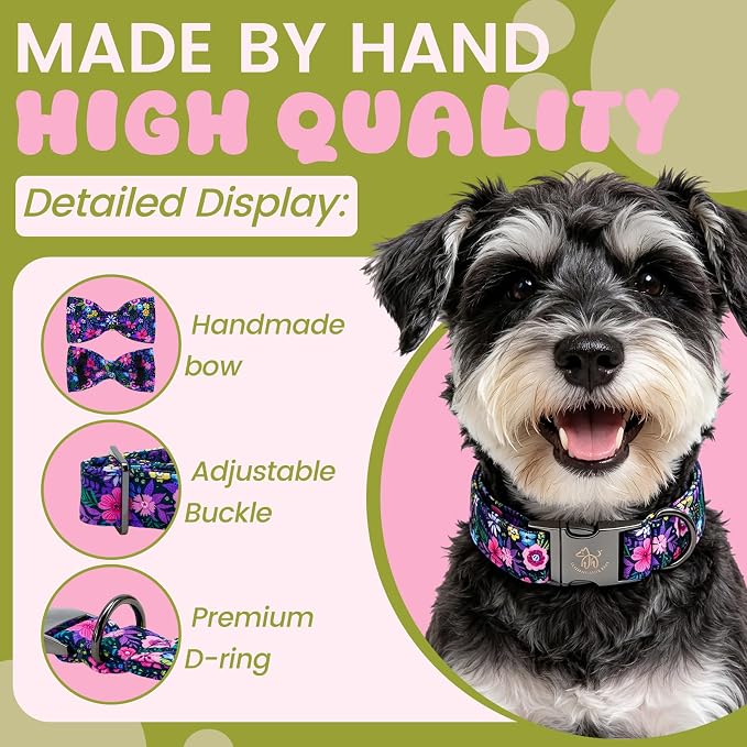 Elegant little tail Dog Collar, Pink Floral Pattern Pet Collars with Bow Girl Cotton Bowtie Collars Spring Puppy Gift Adjustable Pet Collar for Medium Dogs