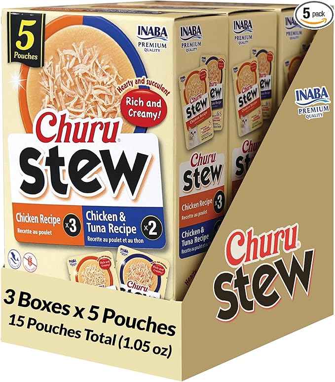 INABA Churu Stew for Cats, Creamy Purée Side Dish Pouch, 1.05 oz Pouches, 15 Pouches Total, Chicken and Tuna Variety