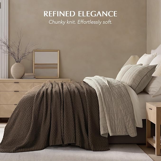 EVERGRACEHOME Chunky Polyester Knit Throw Blanket for Couch, Soft Luxurious Oversized King Moss Stitch Blanket for Bed, Large Cozy Farmhouse Knitted Throw for Sofa, Cocoa Brown, 108" x 92"