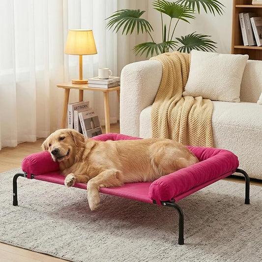 Cooling Elevated Dog Bed for Large Dogs, Outdoor Raised Dog Beds Portable Dogs Cot Bed W/Breathable Mesh, Pet Cots W/Removable Waterproof Bolster