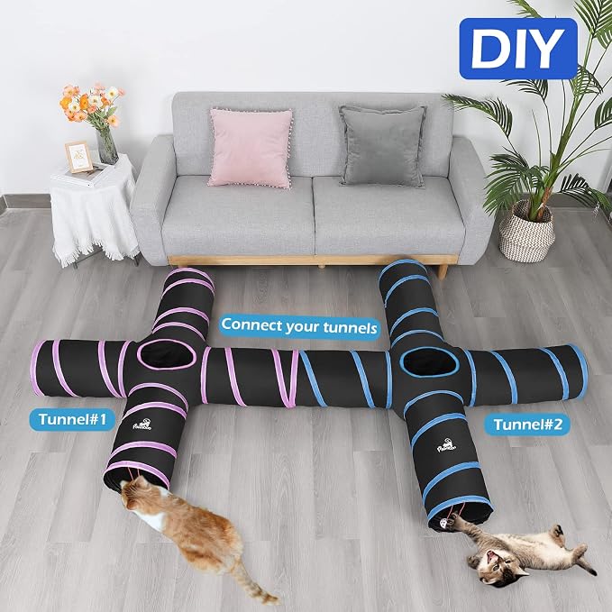 Pawaboo Cat Toys - 4 Way Cat Tunnel, Tube & Play Tent, 25x53cm, Extensible, Interactive Maze with Balls & Bells for Kitten & Small Animal, Blue