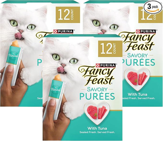 Fancy Feast Purina Squeezable Cat Treats Tube, Savory Puree Naturals with Natural Tuna in a Demi-Glace - 0.35 Ounce (Pack of 36)