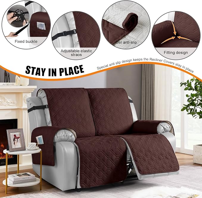 VANSOFY Waterproof Recliner Couch Covers, Sofa Covers 1-Piece Washable Reclining Sofa Cover Non-Slip Furniture Protector with Elastic Straps Pocket for Dogs, Pets(Coffee,2 Seater)