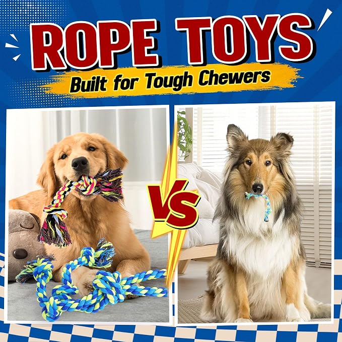 Forfon Tough & Strong Dog Toy for Aggressive Chewers – Tough Chew Toys for Large Dogs, Ideal for Tug-of-War & Teeth Cleaning, with 3 Rope Toys & 2 Dog Bags