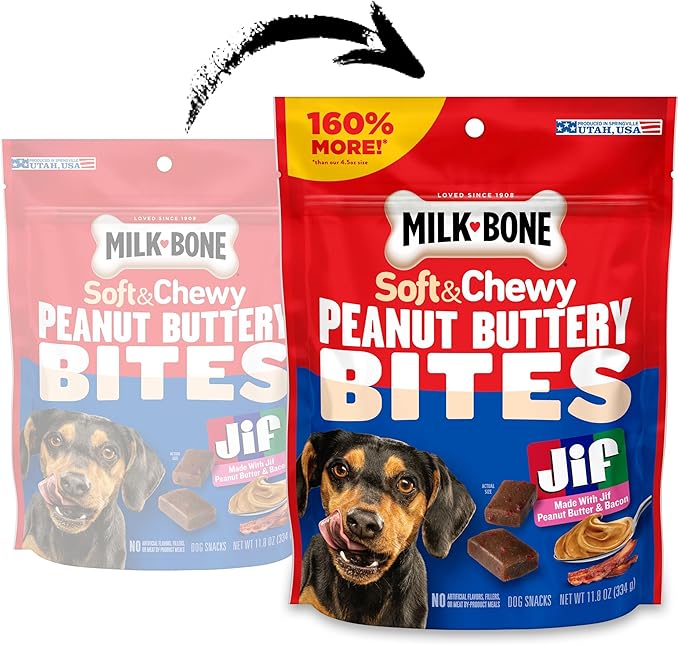 Milk-Bone Peanut Buttery Bites Soft Dog Treats with Jif Peanut Butter, 11.8-Oz. Bag