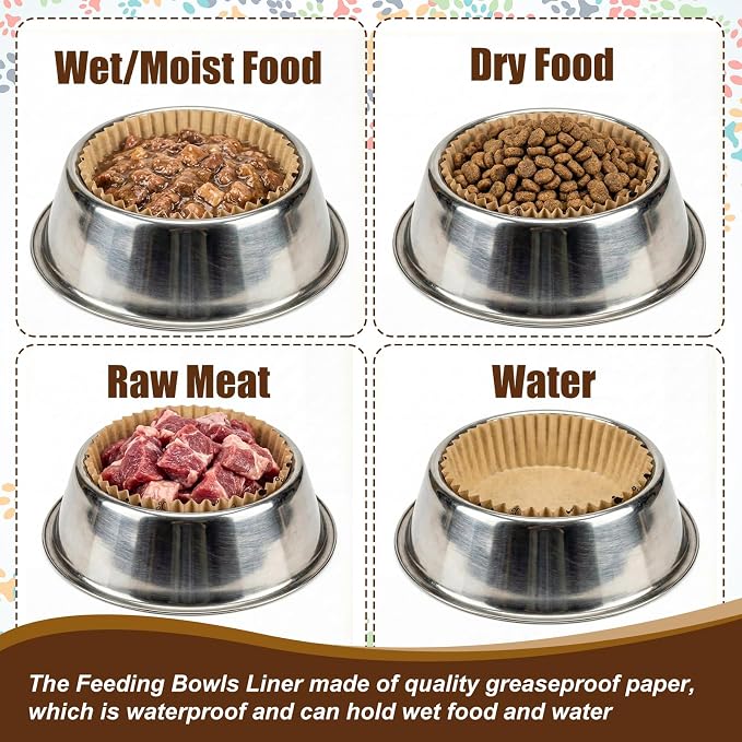 meekoo 600 Pcs Large Pet Disposable Feeding Bowls Liner Bulk Cat Food Bowls Small Paper Dish Paper Liner for Small Dogs Cats Dish Wet Food Feeding Station (Khaki,Paw)