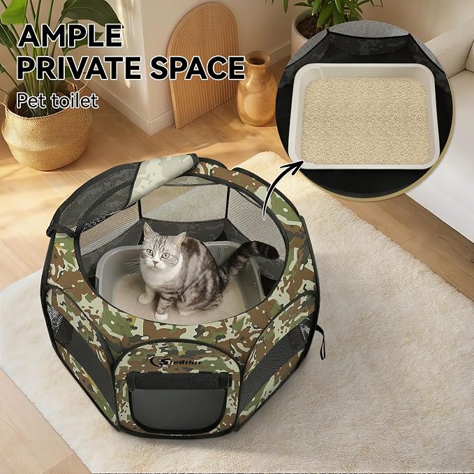 Pink Puppy Playpen for Middle Dog Cat, Dogs Tent Crate Cage Indoor/Outdoor, Portable Pop Up Dog Kennel with Carrying Bag for Rabbits, Removable Top (Green Camo, Small)