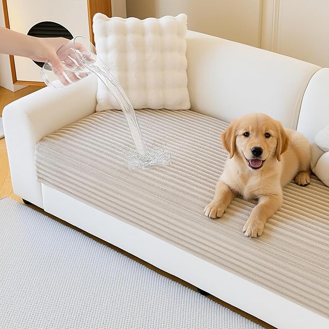 MYSKY HOME 100% Waterproof Couch Cover, Couch Covers for Dog Washable, Non Slip Couch Covers for 3 Cushion Sofa Pet Friendly, Sofa Covers Slipcover Furniture Protector Dog Bed Cover, Khaki, 35"x82.7"