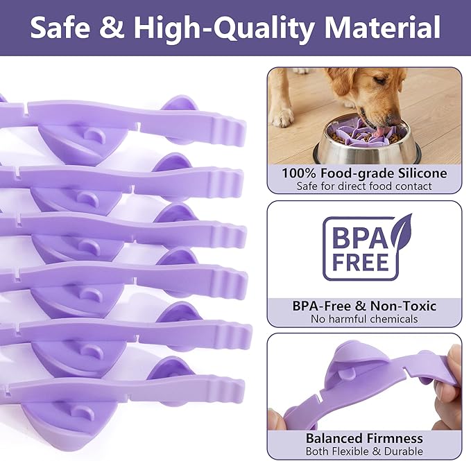 Silicone Dog Slow Feeder Bowl Insert with Suction Cups, Cuttable Food-Grade Lick Mat Divider Fits Stainless Steel Ceramic Glass Dog Bowls, Helps Slow Down Eating, Purple
