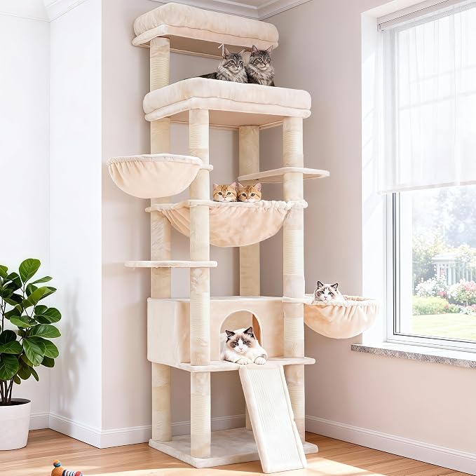 Hey-brother Cat Tree Tower, Scratching Posts with Extra Large Platform and Basket, Specious Condo, 2 Cozy Hammocks, Scratch Board for Indoor Adult Cats, Maine Coon 71.7 inches, Beige MPJ080M