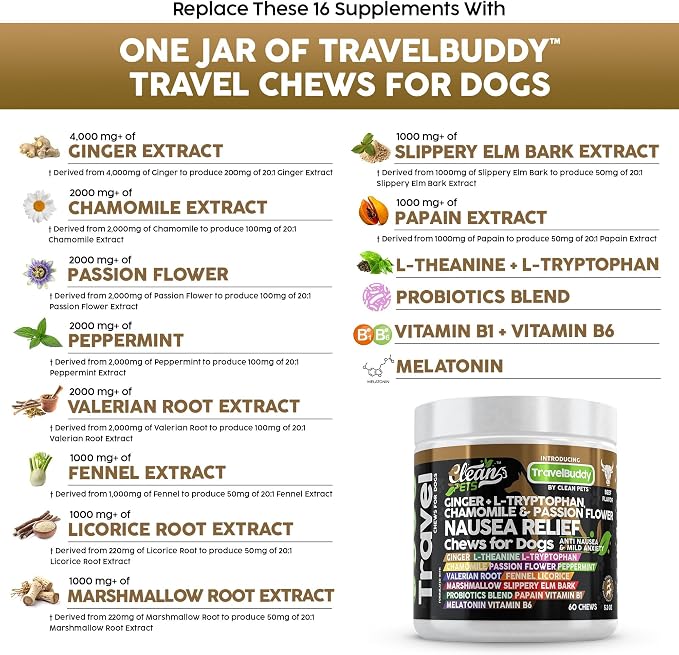 Clean Pets Travel Chews Nausea Relief for Dogs | Ginger L-Tryptophan Chamomile Passion Flower L-Theanine Peppermint Valerian Root Fennel Licorice Root Marshmallow Root Slippery Elm Melatonin Chew