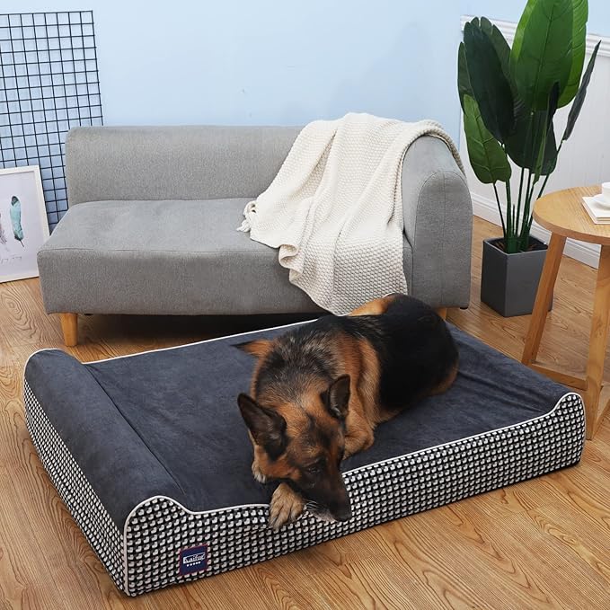 Laifug Orthopedic Dog Beds for Large Dogs,7" Memory Foam Dog Beds,Durable Water Proof Liner Removable and Washable, Nonskid Bottom, Black and White Plaid 50"x36"x7"