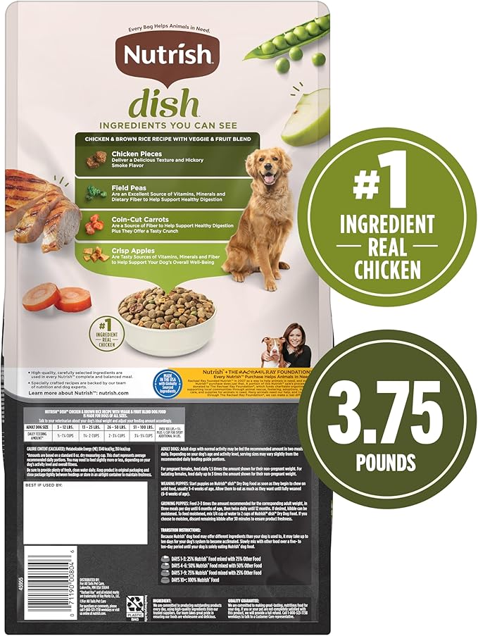 Nutrish Dish Chicken & Brown Rice Recipe with Veggie & Fruit Blend Dry Dog Food, 3.75 lb. Bag (Rachael Ray)