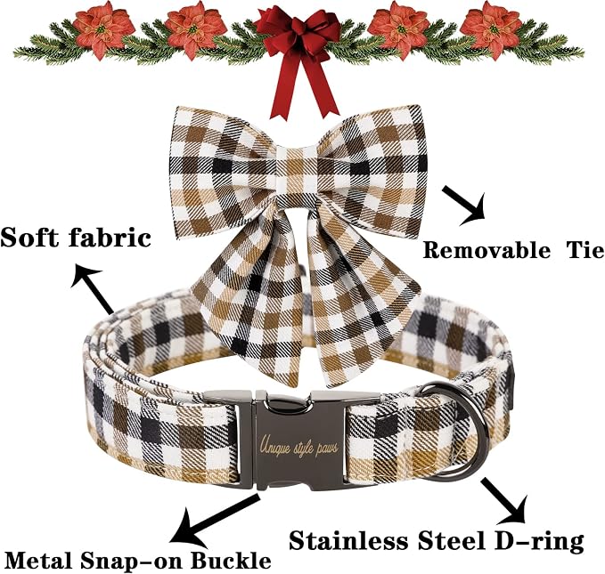 Unique style paws Christmas Dog Collar with Bow Tie Brown Plaid Puppy Collar for Small Medium Large Dogs as Autumn Winter Pet Gifts-S