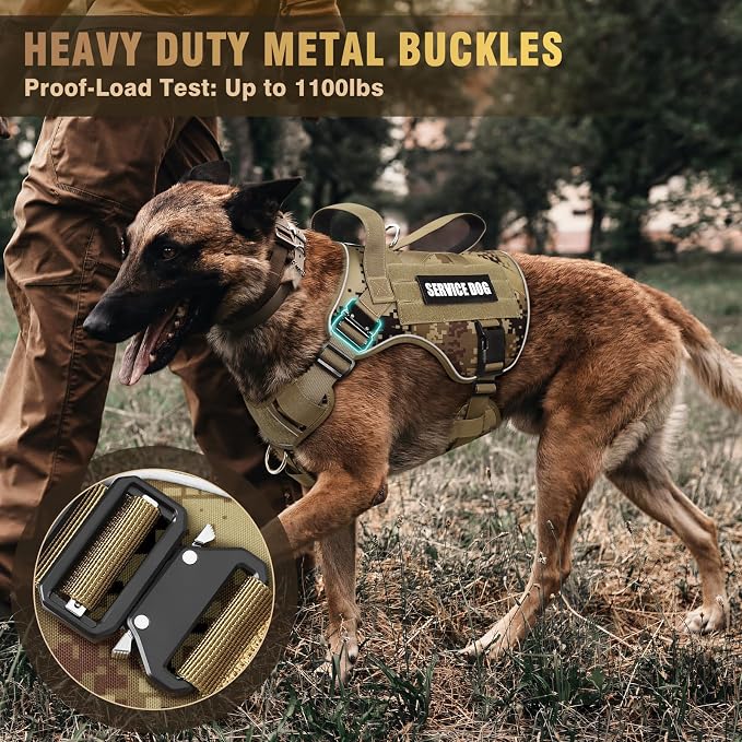 WINSEE Tactical Dog Harness for Medium Dog, Heavy Duty Service Working MOLLE Vest with 10 Pet Patches, 2X Metal Buckle Vest for Training Hunting Walking