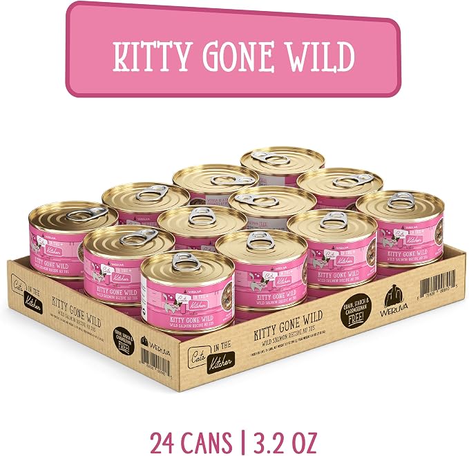 Weruva Cats in The Kitchen, Kitty Gone Wild with Wild Salmon Au Jus Cat Food, 3.2oz Can (Pack of 24)