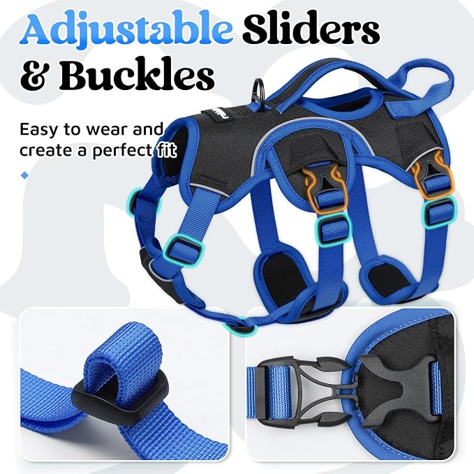 rabbitgoo Escape Proof Dog Harness Large Dogs, Soft Padded Full Body Pet Harness, Reflective Adjustable No Pull Vest with Lift Handle and Leash Clip for Walking Hiking Training, Blue & Black, S