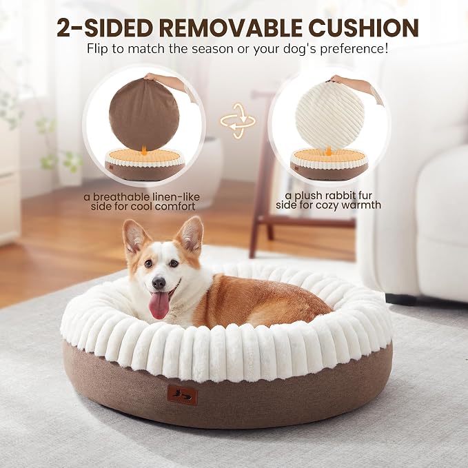 Donut Dog Bed Medium Size Dog 30 Inch, Round Cat Beds for Small Medium Dogs and Cats with Washable Fluffy Faux Fur, Cute Comfort Pet Bed with Anti-Slip Bottom, Cream