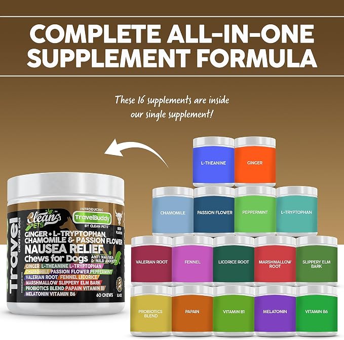 Clean Pets Travel Chews Nausea Relief for Dogs | Ginger L-Tryptophan Chamomile Passion Flower L-Theanine Peppermint Valerian Root Fennel Licorice Root Marshmallow Root Slippery Elm Melatonin Chew