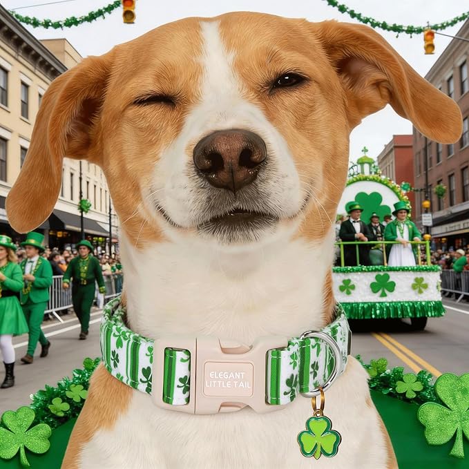 Elegant little tail St Patrick's Dog Collar - Green Cute Clover Cotton Shamrock Pet Collar Trefoil Adjustable Cotton Pet Collar with Quick Release Buckle for X-Small Dogs