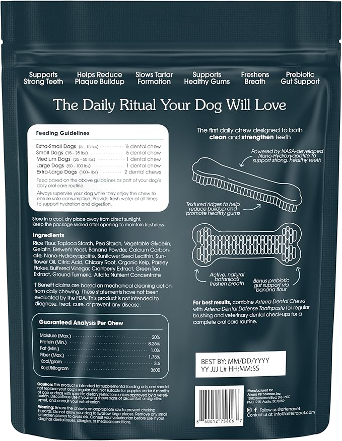 Arterra Pet Science Dog Dental Chews with Nano-Hydroxyapatite Next-Generation Daily Chews for Stronger Teeth, Fresh Breath, and Healthy Gut, 14 Count, Pack of 1