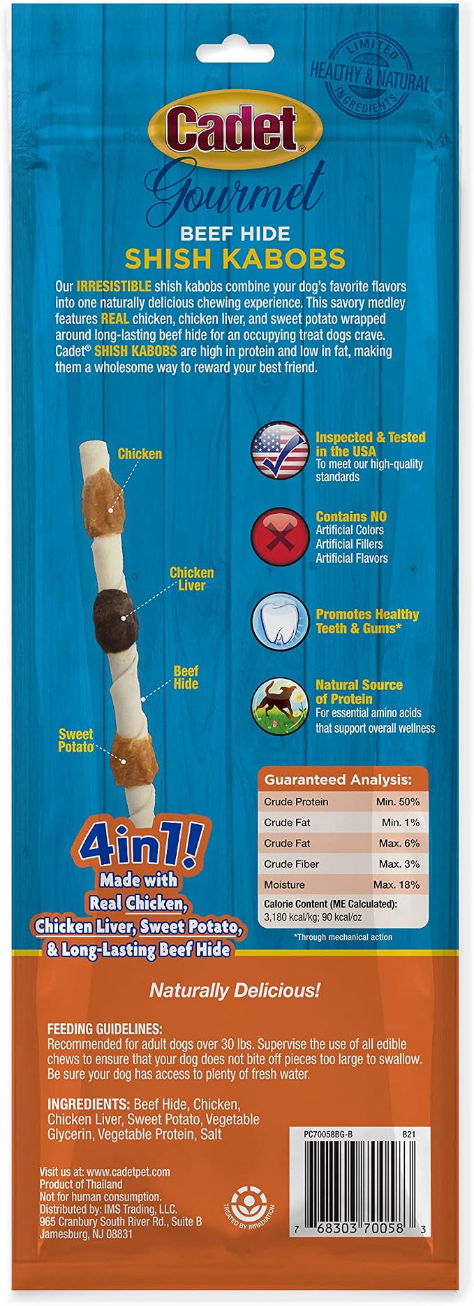 Cadet Gourmet X-Large Triple-Flavored Beef Hide Shish Kabob Dog Treats - Healthy & Natural Chicken, Liver, & Sweet Potato Dog Treats for Dogs Over 30 lbs., 10 in. (2 Count) (Pack of 3)