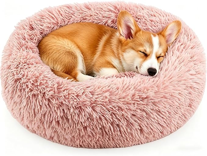 Calming Anti-Anxiety Donuts Dog And Cat Bed, Round Fluffy Soft Washable Small Medium Pet Bed For Puppy And Kitten, Cuddler Warming Comfortable Luxury Anti-Slip Waterproof Mute Base 24in Pink