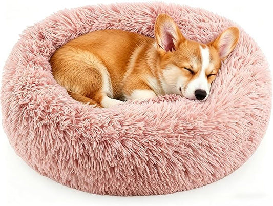 Calming Donut Dog and Cat Bed for Indoor Cats, Anti-Anxiety Round Fluffy Soft Washable Small Pet Bed for Puppy and Kitten, Warming Comfortable Luxury Anti-Slip Waterproof Mute Base 20in Pink